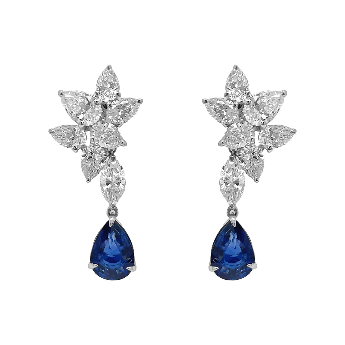 18kt White Gold Diamond and Blue Sapphire Dangling Earrings