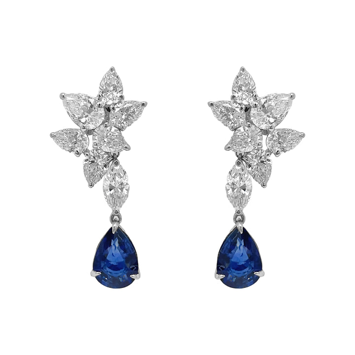 18kt White Gold Diamond and Blue Sapphire Dangling Earrings