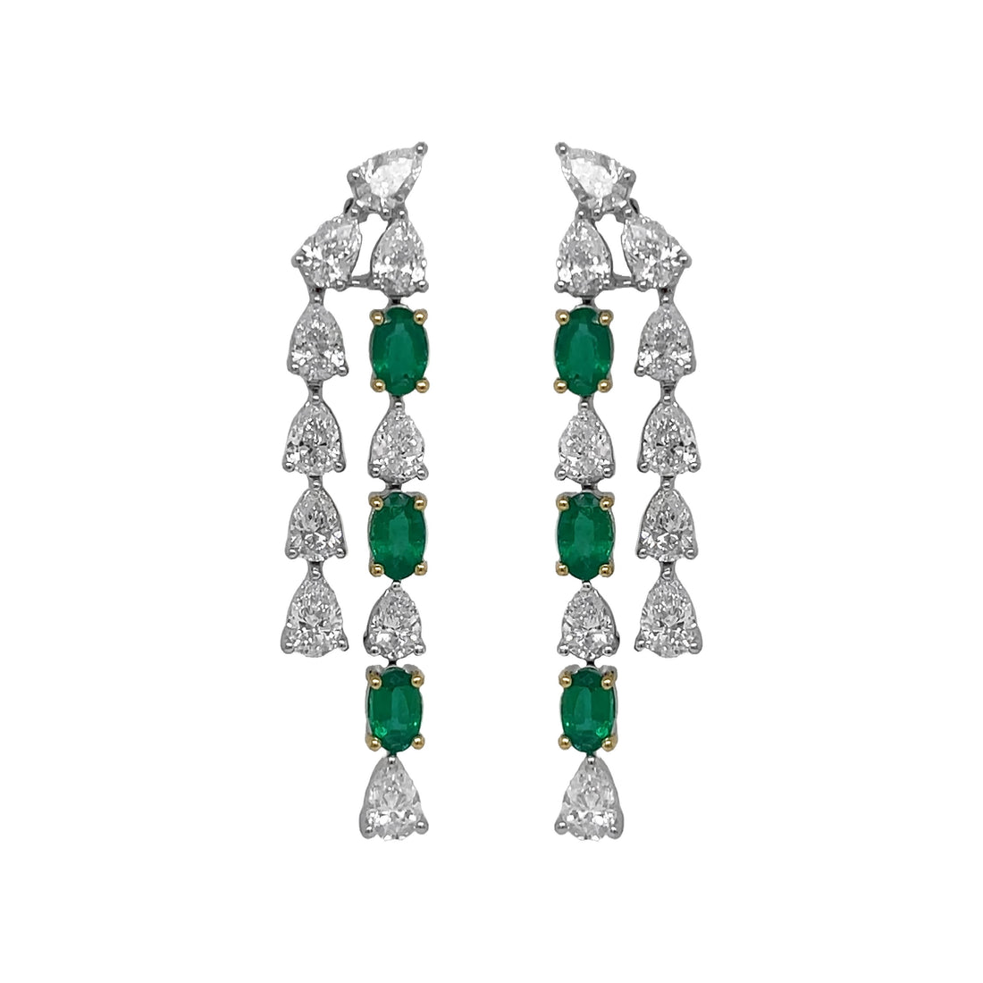 18kt White Gold Diamond and Green Emerald Dangling Earrings