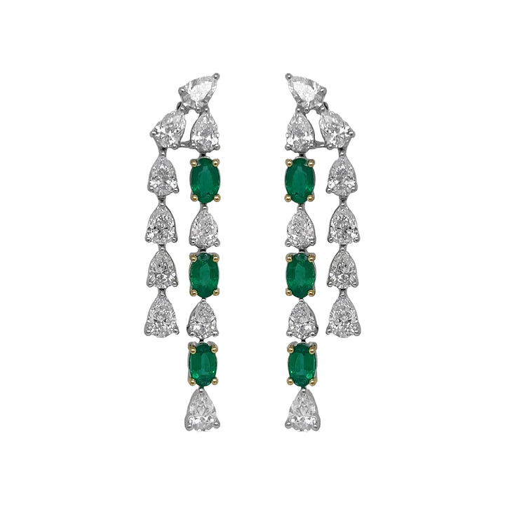 18kt White Gold Diamond and Green Emerald Dangling Earrings