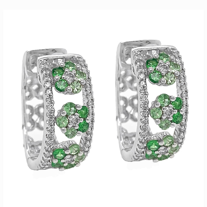18kt White Gold Diamond and Green Tsavorites Huggie Earrings
