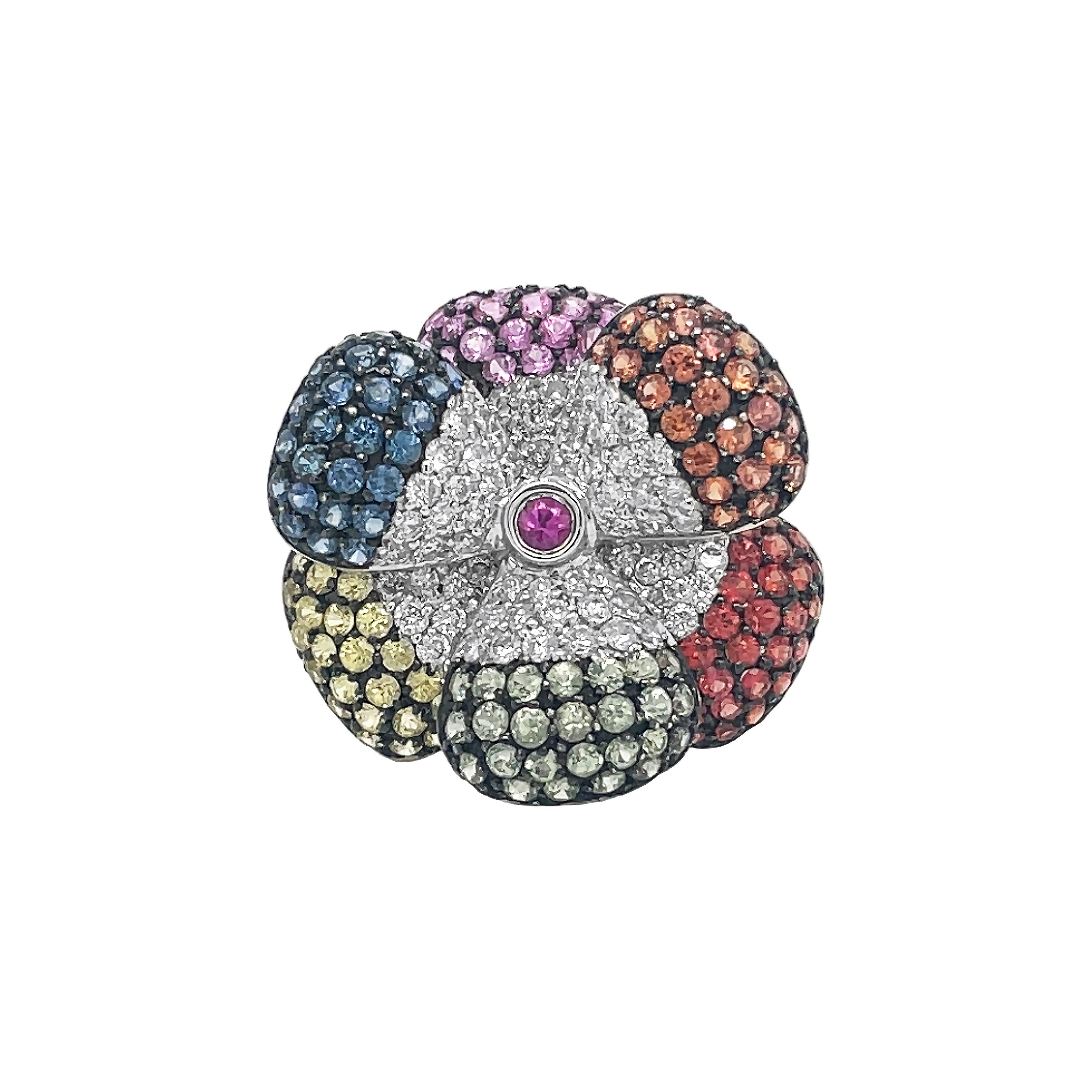 18kt White Gold Multi Color Sapphire Flower Ring