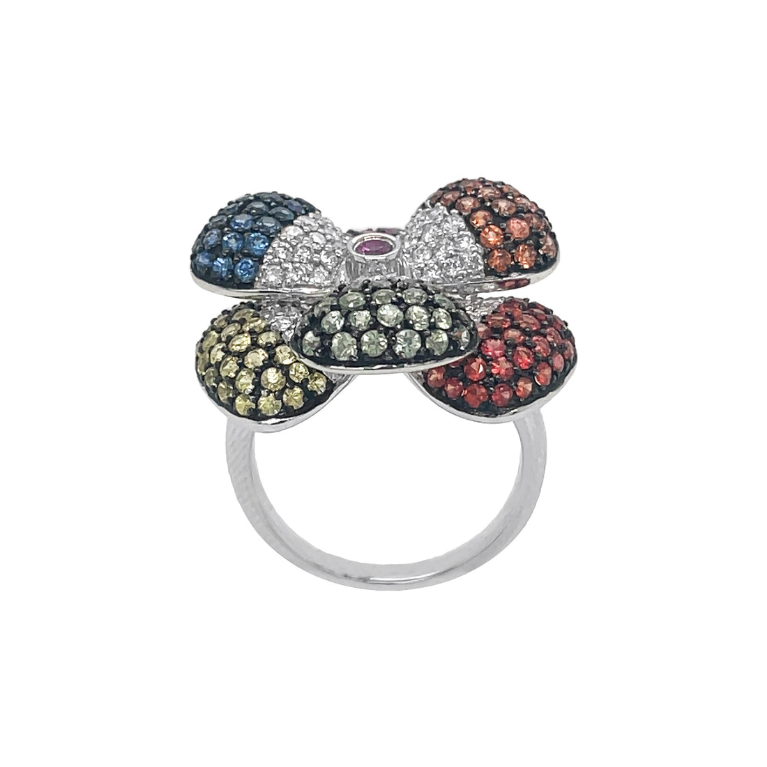 18kt White Gold Multi Color Sapphire Flower Ring