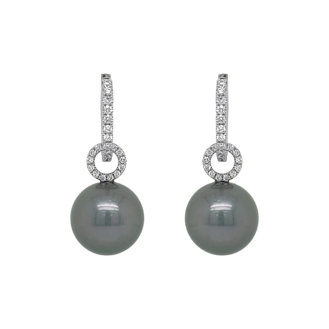 18kt White Gold Diamond and Black South Sea Pearl Dangling Earrings
