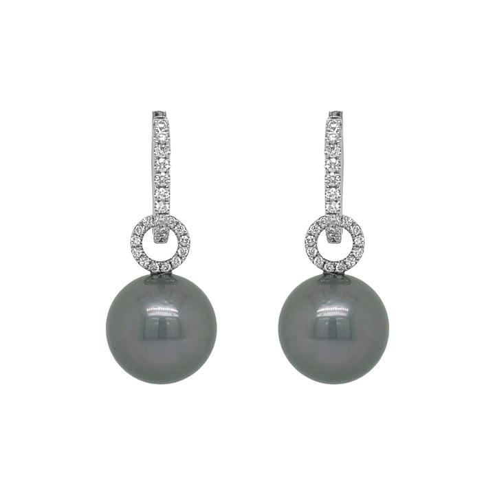18kt White Gold Diamond and Black South Sea Pearl Dangling Earrings