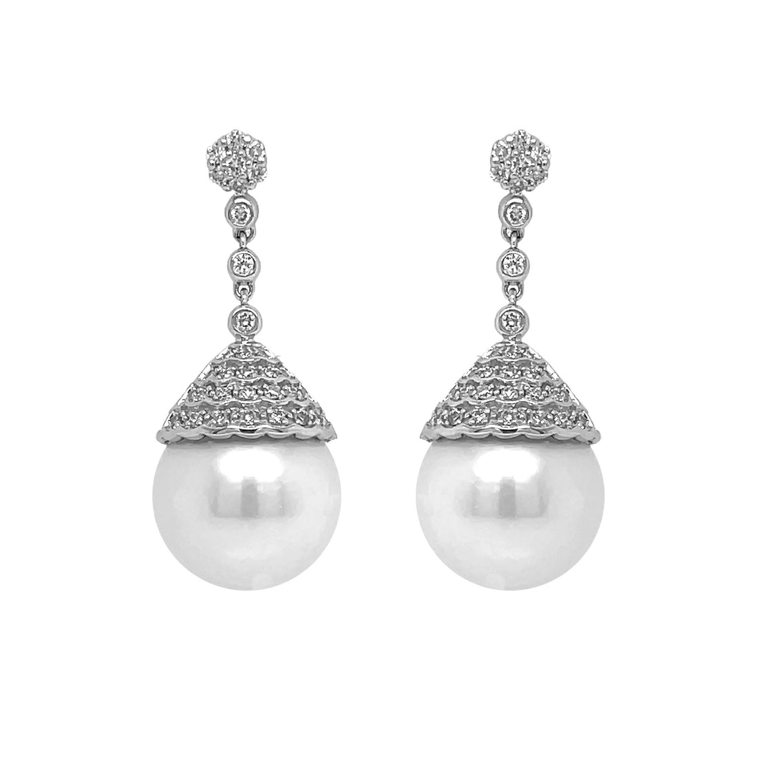18kt White Gold Diamond and South Sea Pearl Dangling Earrings