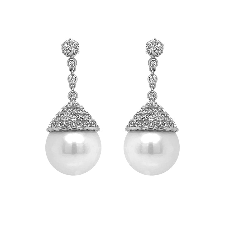 18kt White Gold Diamond and South Sea Pearl Dangling Earrings