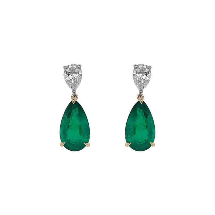18kt White Gold Diamond And Green Emerald Dangling Earrings