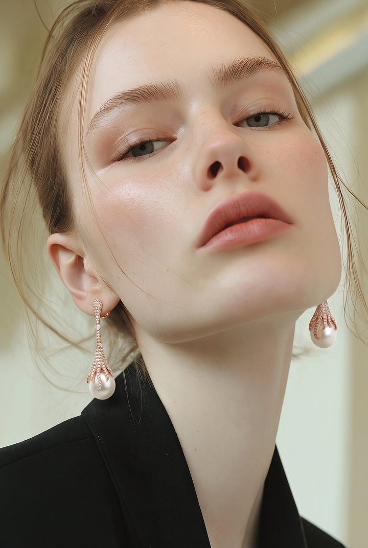 18kt Rose Gold Diamond And Pearl Earrings