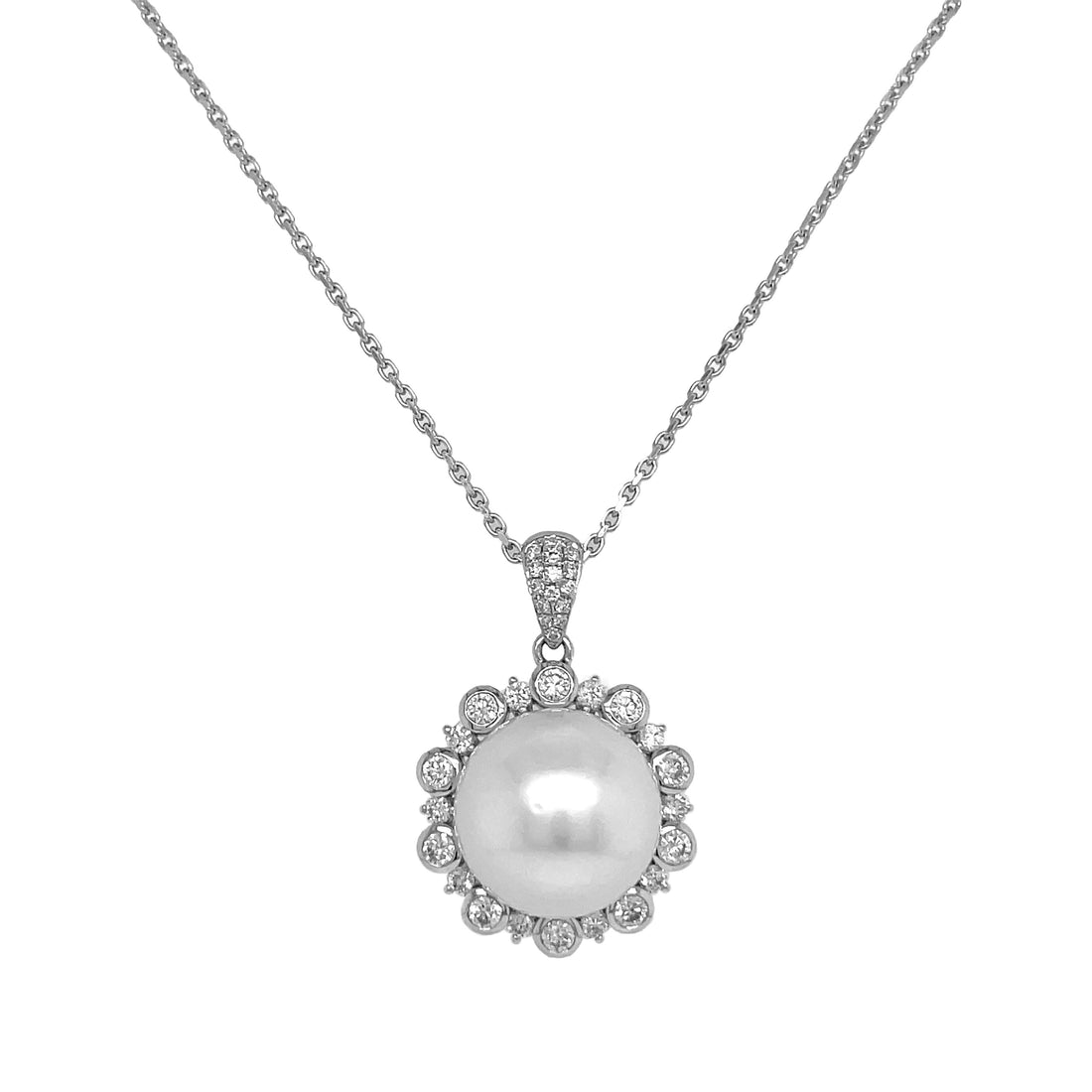 18kt White Gold Diamond and Pearl Pendant.