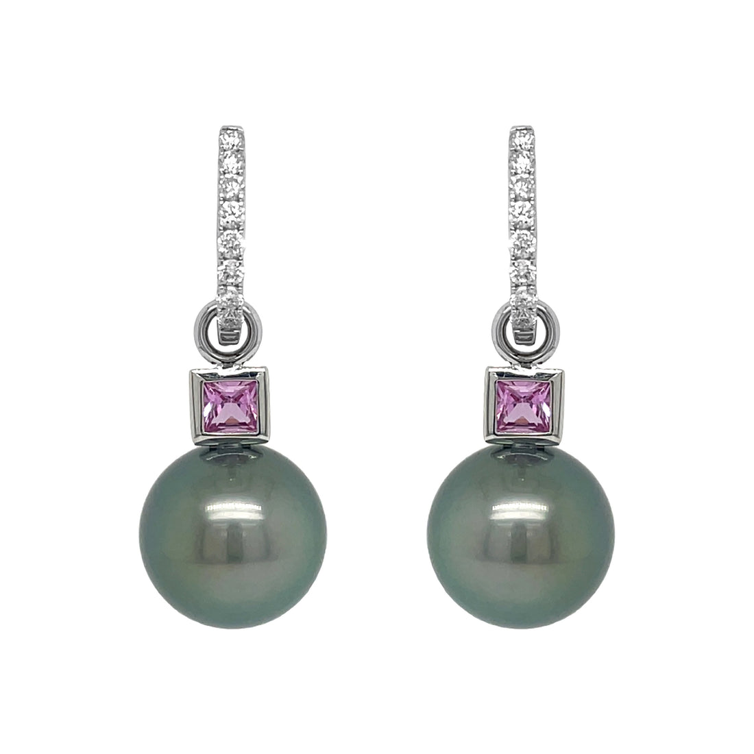 18kt White Gold Diamond and Pink Sapphire Dangling Earrings