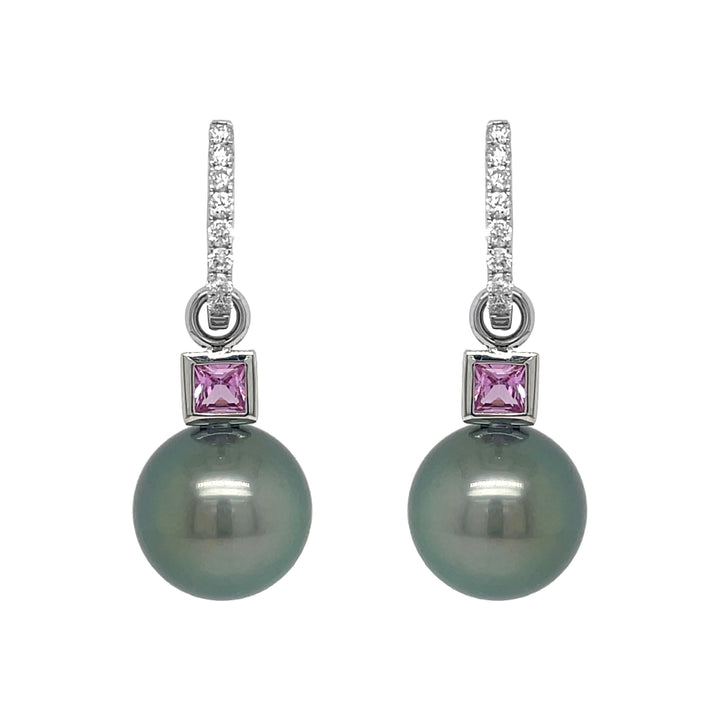 18kt White Gold Diamond and Pink Sapphire Dangling Earrings