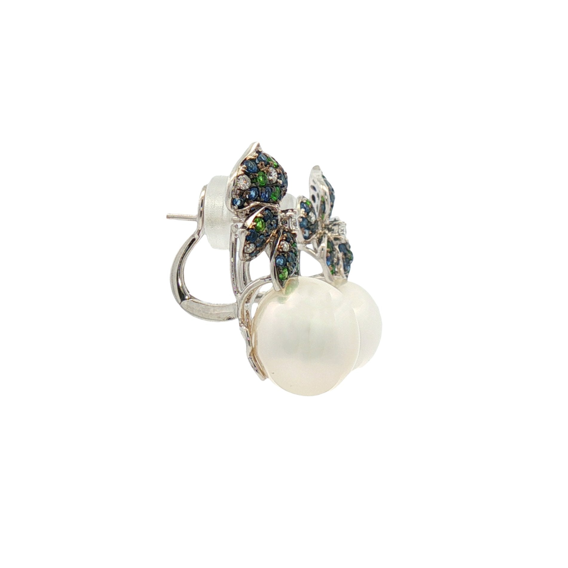 18kt White Gold Diamond, Blue Sapphire, Green Garnate And Pearl Earrings