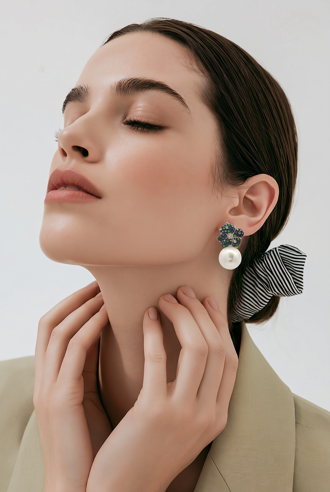 18kt White Gold Diamond, Blue Sapphire, Green Garnate And Pearl Earrings