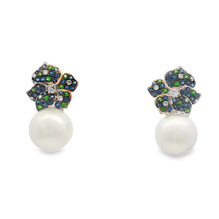 18kt White Gold Diamond, Blue Sapphire, Green Garnate And Pearl Earrings