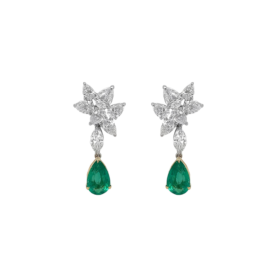 18kt White Gold Diamond and Green Emerald Dangling Earrings