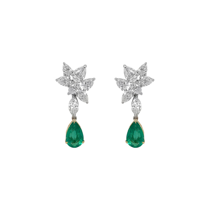 18kt White Gold Diamond and Green Emerald Dangling Earrings