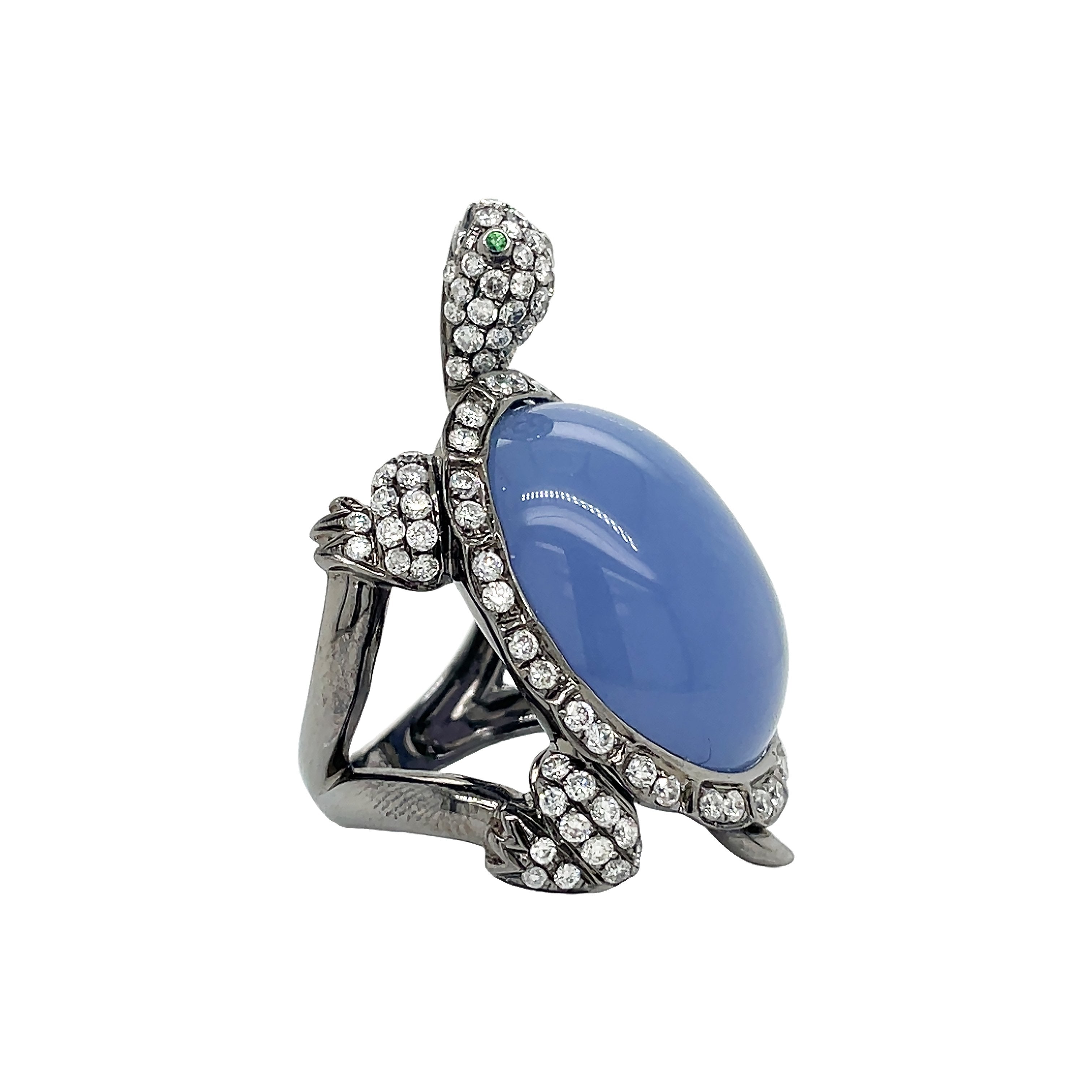18kt Black Gold Diamond and Chalcedony Turtle Ring