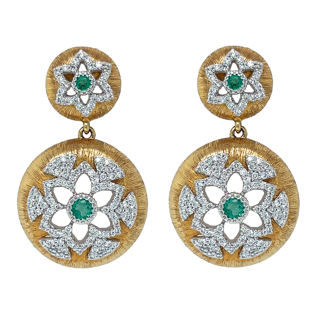 18kt Yellow and White Gold Diamond and Green Emerald Dangling Earrings