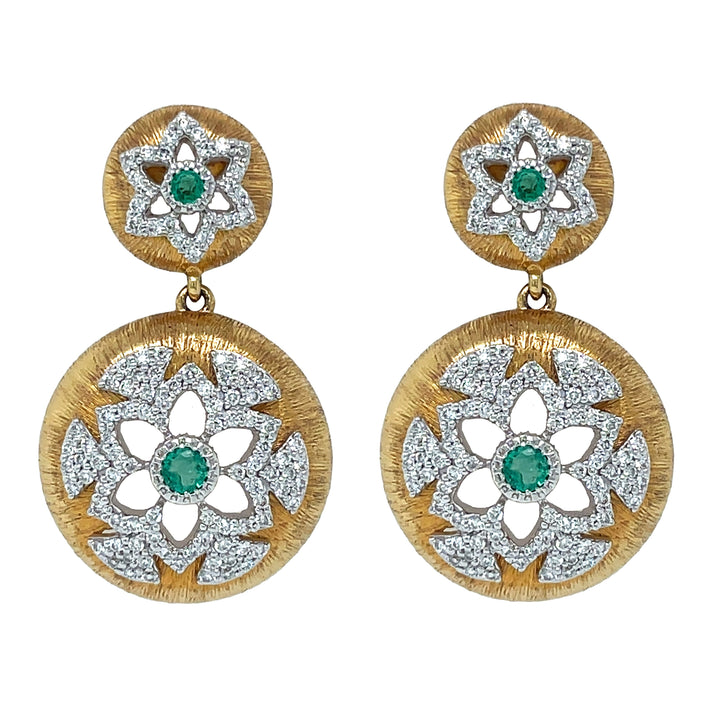18kt Yellow and White Gold Diamond and Green Emerald Dangling Earrings