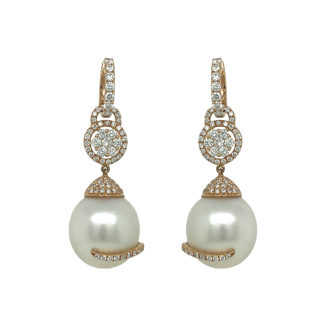 18kt Rose Gold Diamond and Pearl Dangling Earrings