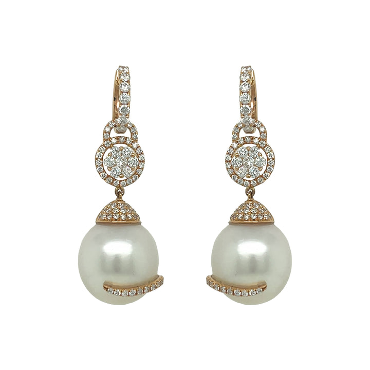 18kt Rose Gold Diamond and Pearl Dangling Earrings