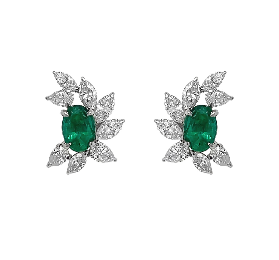 18kt White Gold Diamond and Green Emerald Earrings