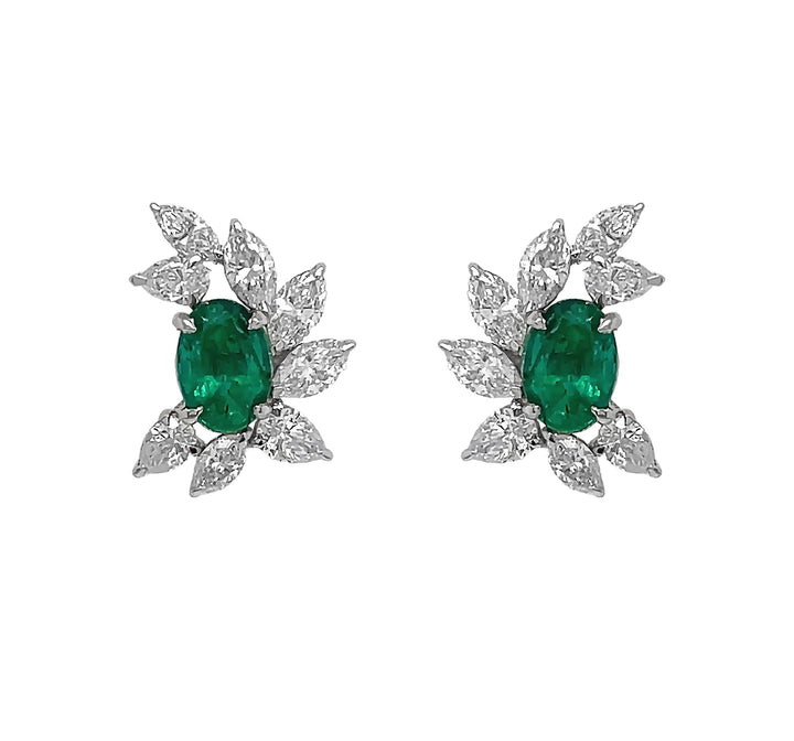 18kt White Gold Diamond and Green Emerald Earrings