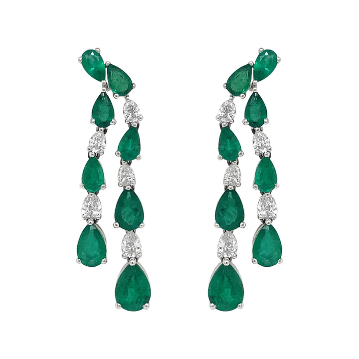 18kt White Gold Diamond and Green Emerald Dangling Earrings