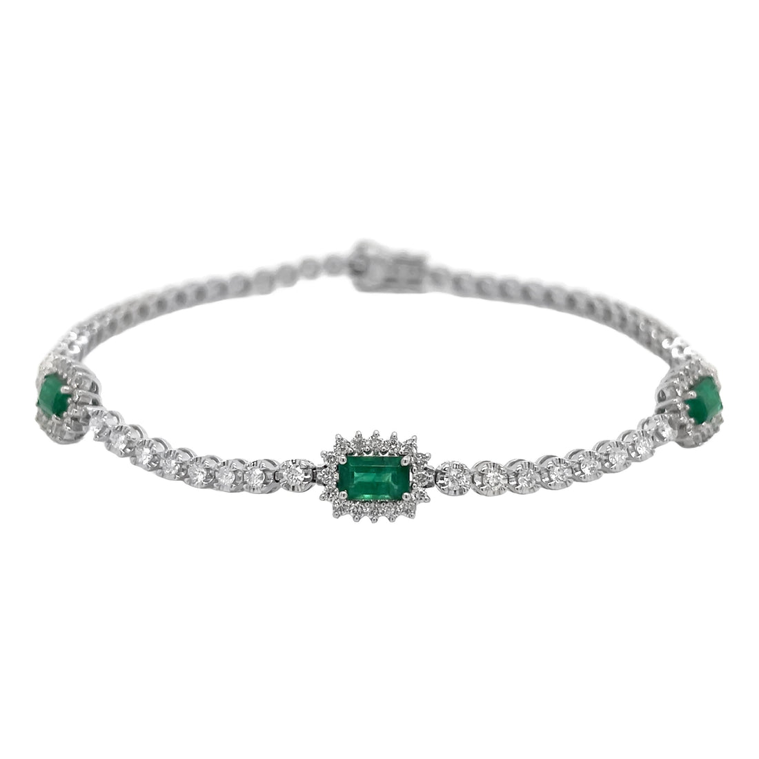 18kt White Gold Diamond and Green Emerald Tennis Bracelet