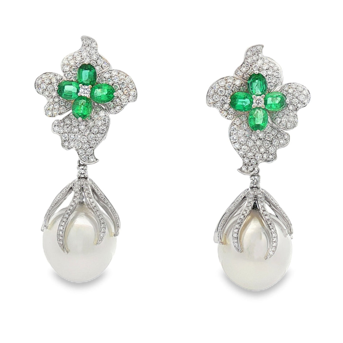 18kt White Gold Diamond, Green Emerald And Pearl Earrings