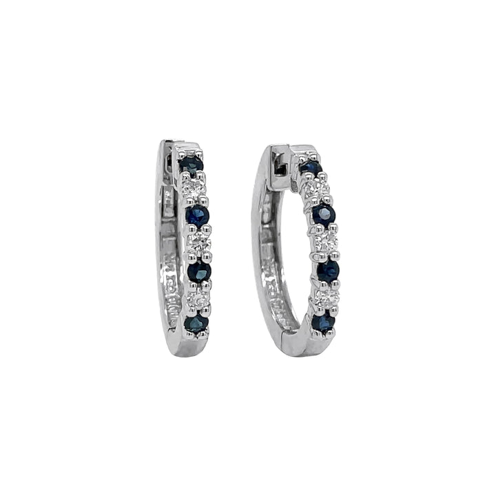 14kt White Gold Diamond and Blue Sapphire Hoops
