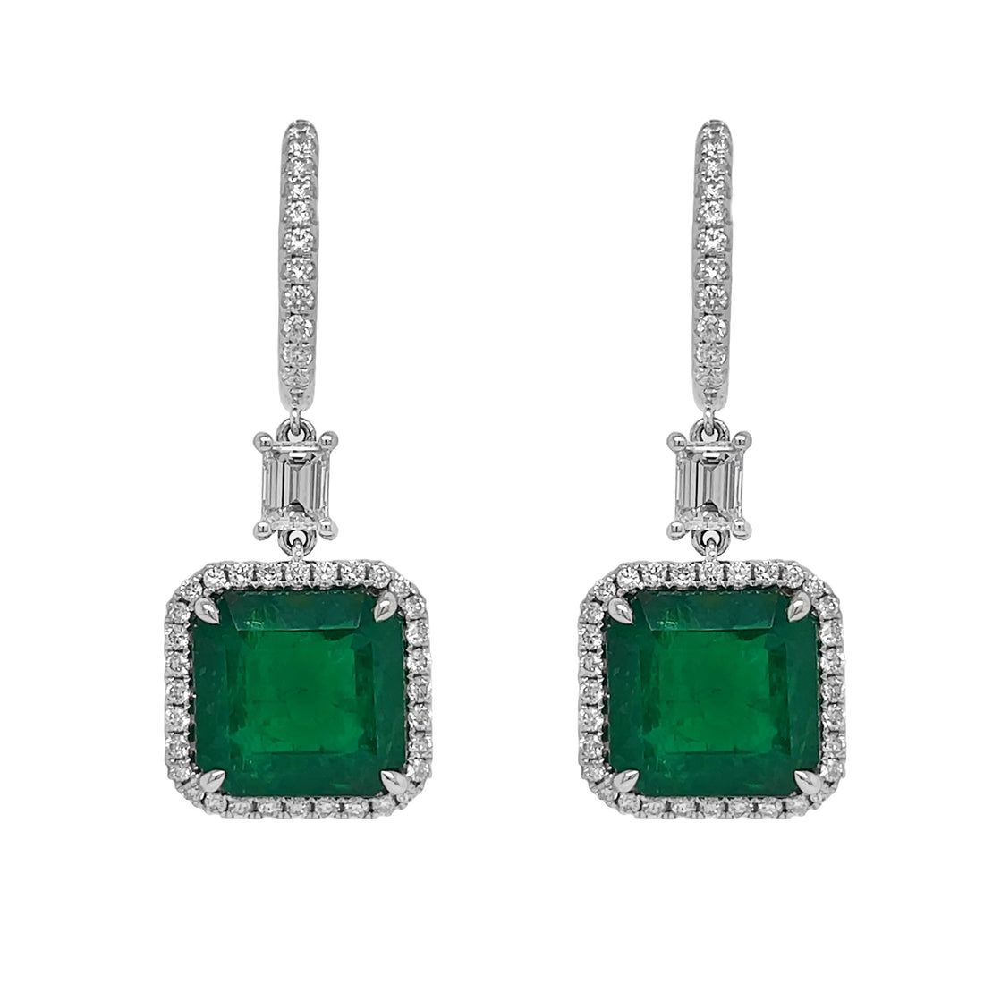 18kt White Gold Diamond and Green Emerald Dangling Earrings