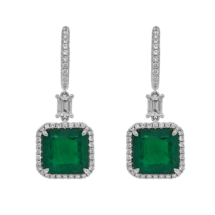 18kt White Gold Diamond and Green Emerald Dangling Earrings