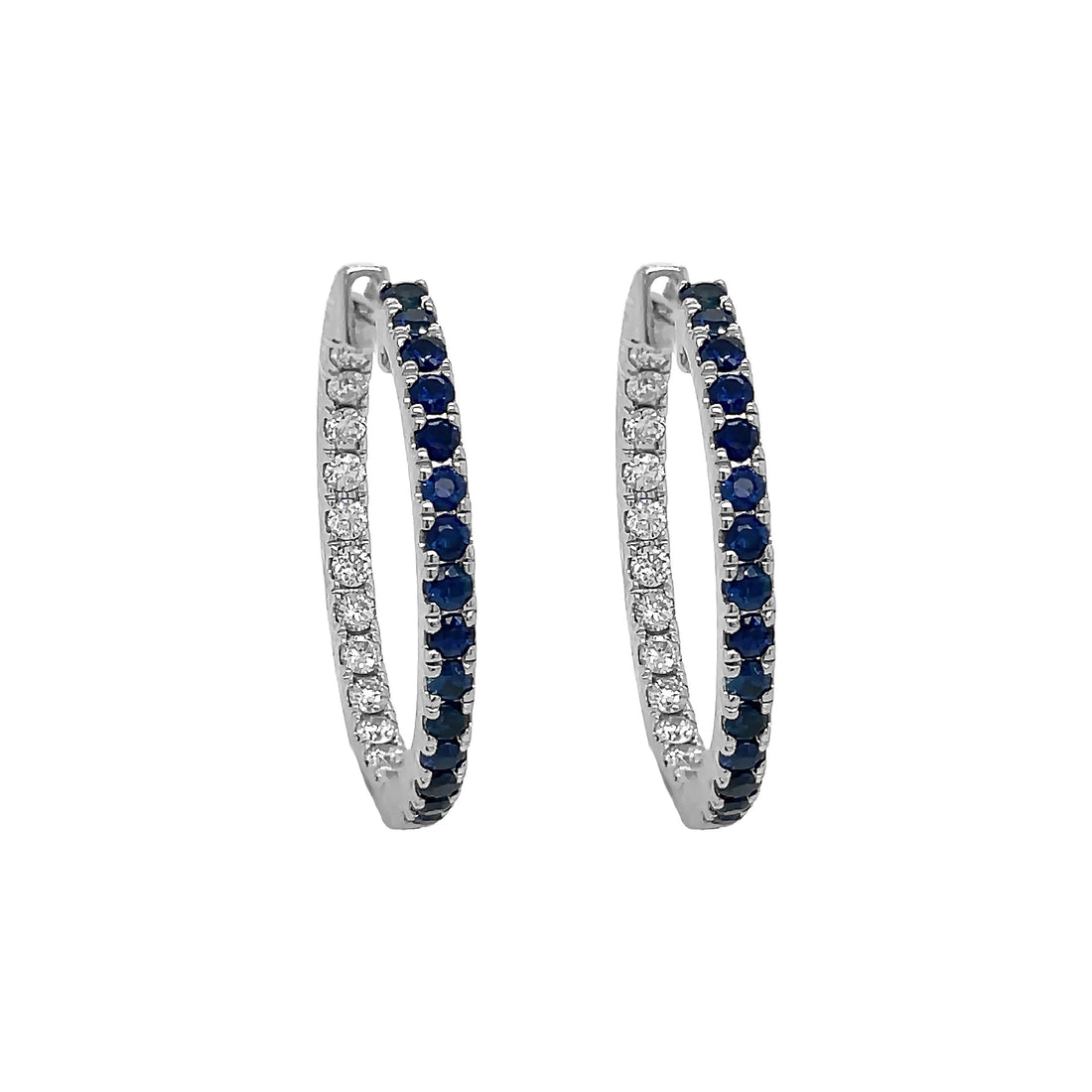 18Kt White Gold Diamond and Blue Sapphire Hoops
