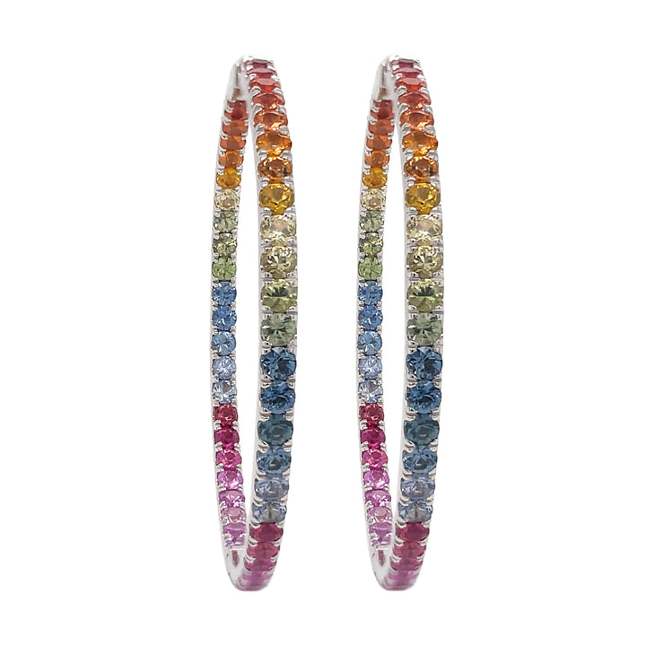 18kt White Gold Multi color Sapphire Hoops.