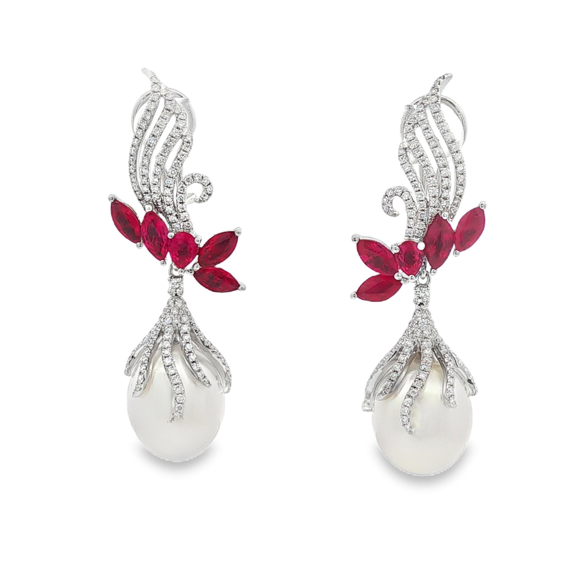 18kt White Gold Diamond, Ruby And Pearl Earrings