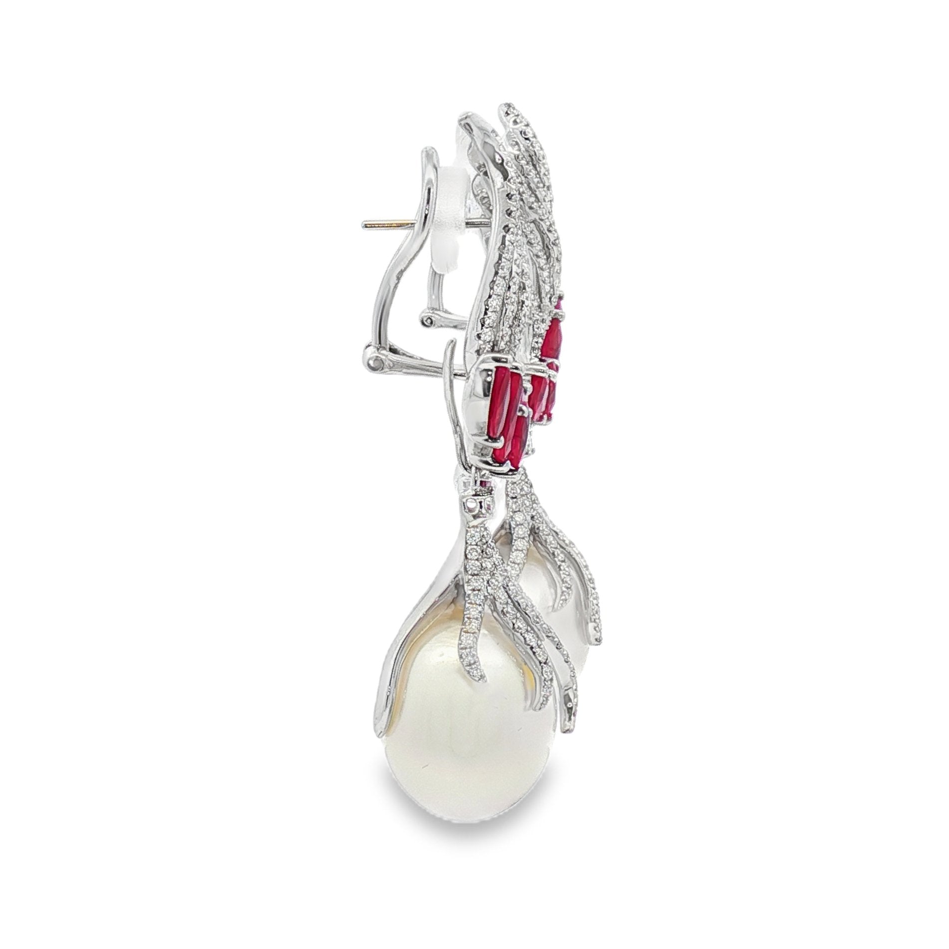 18kt White Gold Diamond, Ruby And Pearl Earrings