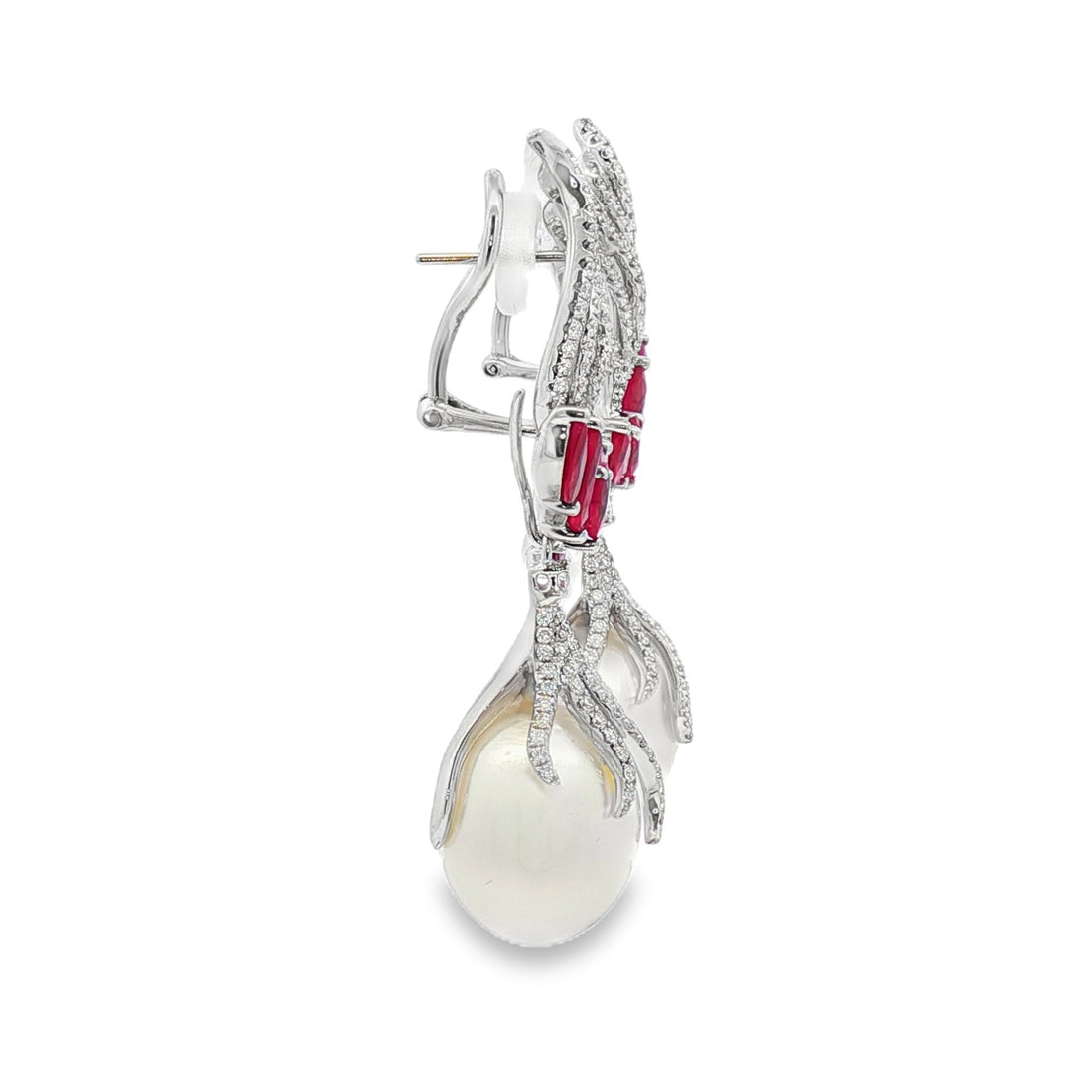 18kt White Gold Diamond, Ruby And Pearl Earrings