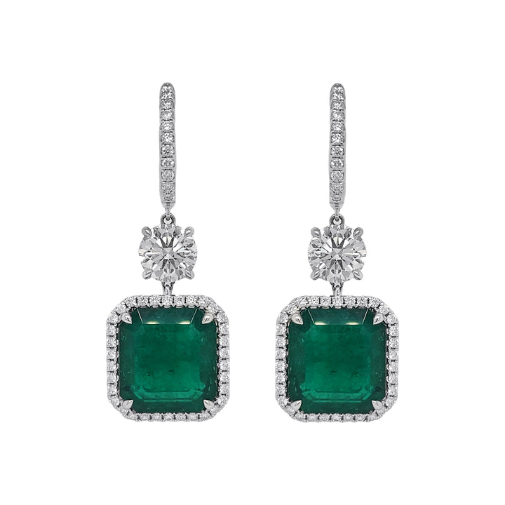 18kt White Gold GIA Certified Emerald Diamond Dangling Earrings