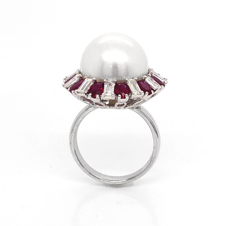 18kt White Gold Diamond, Ruby and Pearl Ring