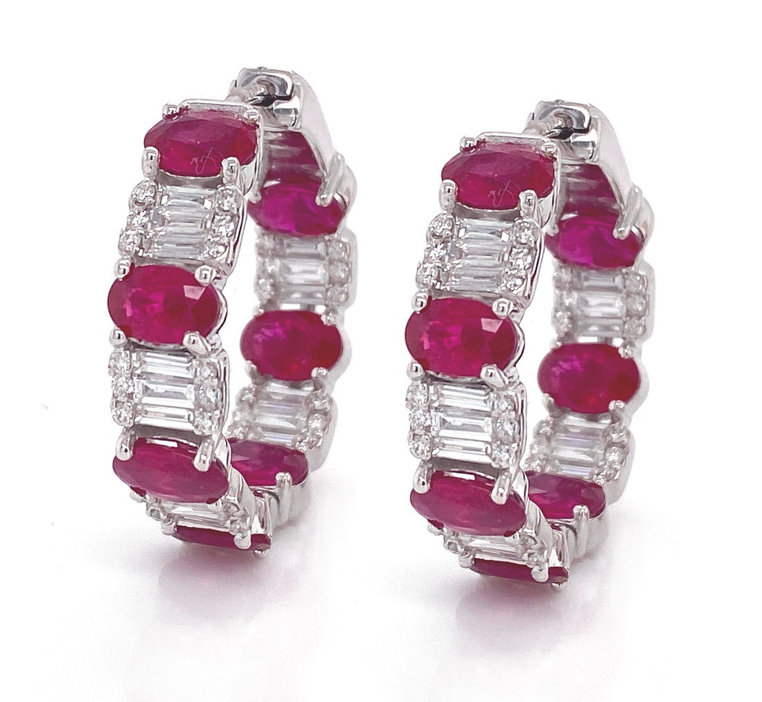 18kt White Gold Diamond and Ruby Hoops