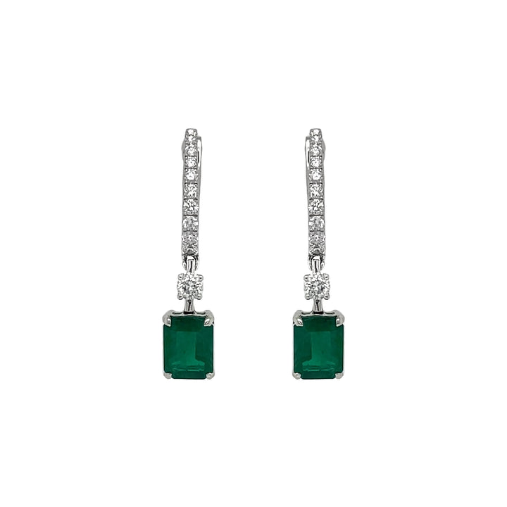 18kt White Gold Diamond and Green Emerald Dangling Earrings