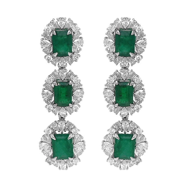18Kt White Gold Diamond and Green Emerald Dangling Earrings