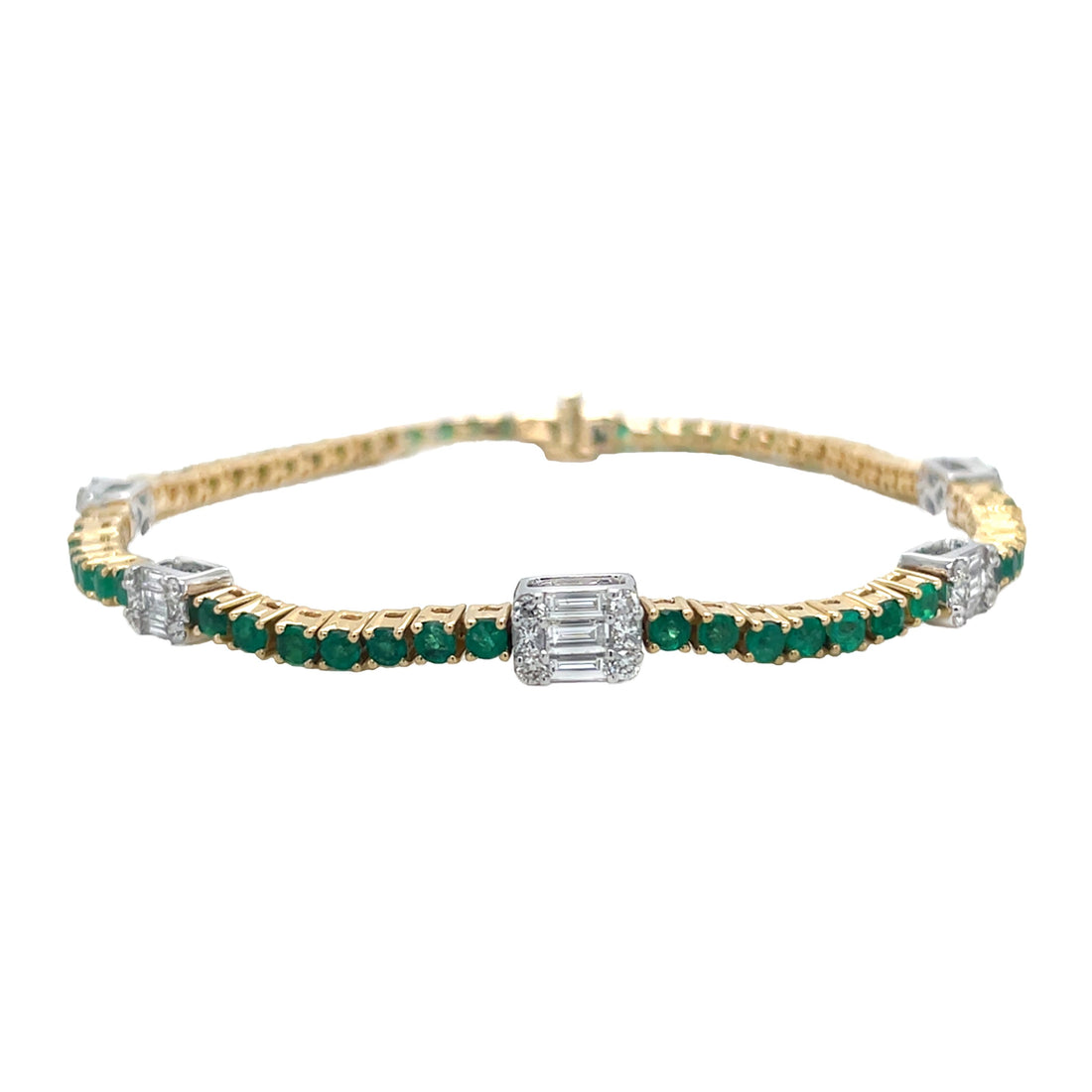 18kt Yellow Gold Diamond and Green Emerald Tennis Bracelet