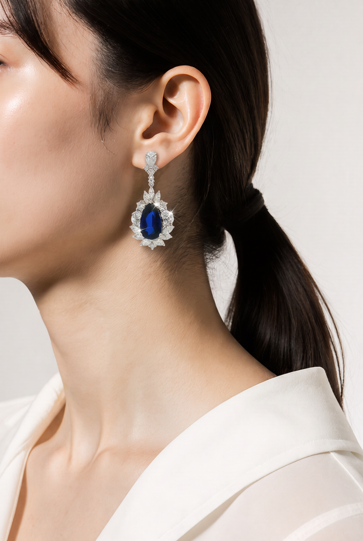 14kt White Gold Lab Diamond And Blue Sapphire Earring