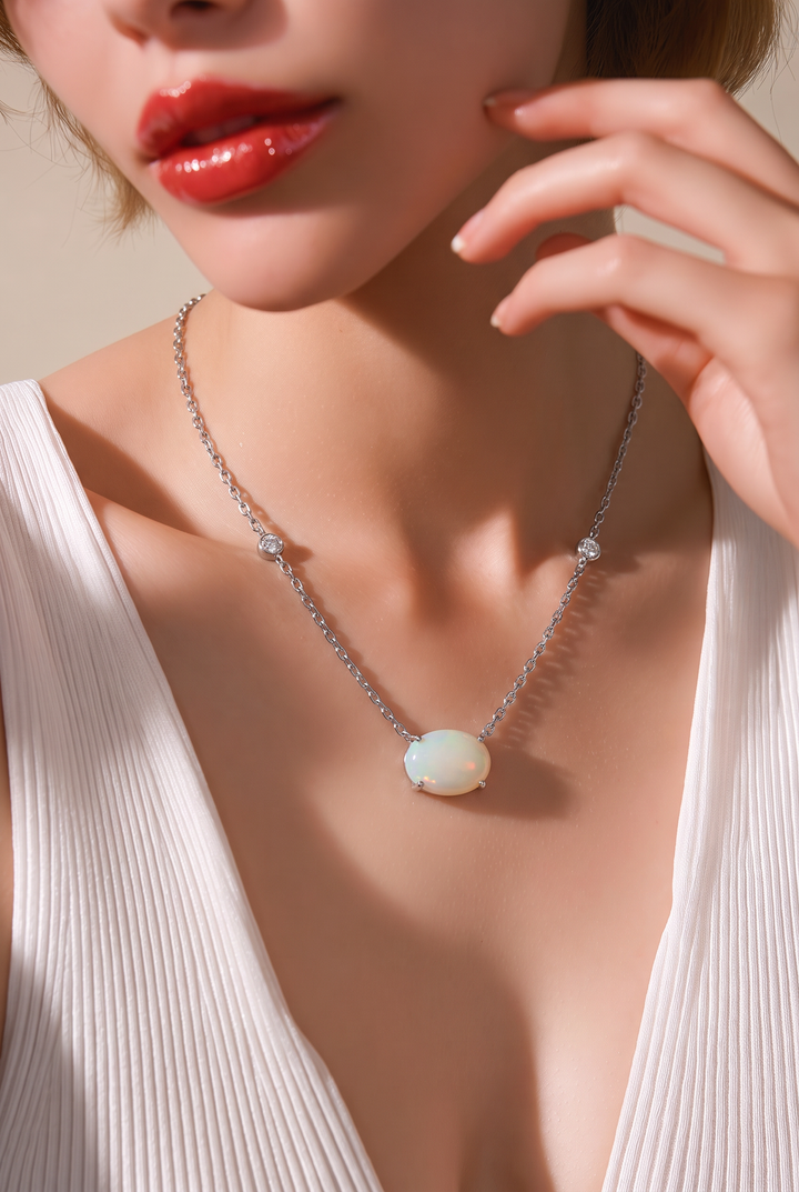 18kt White Gold Diamond And Opal Pendant