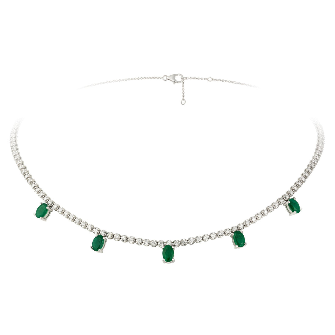 18kt White Gold Diamond and Green Emerald Dangling Necklace