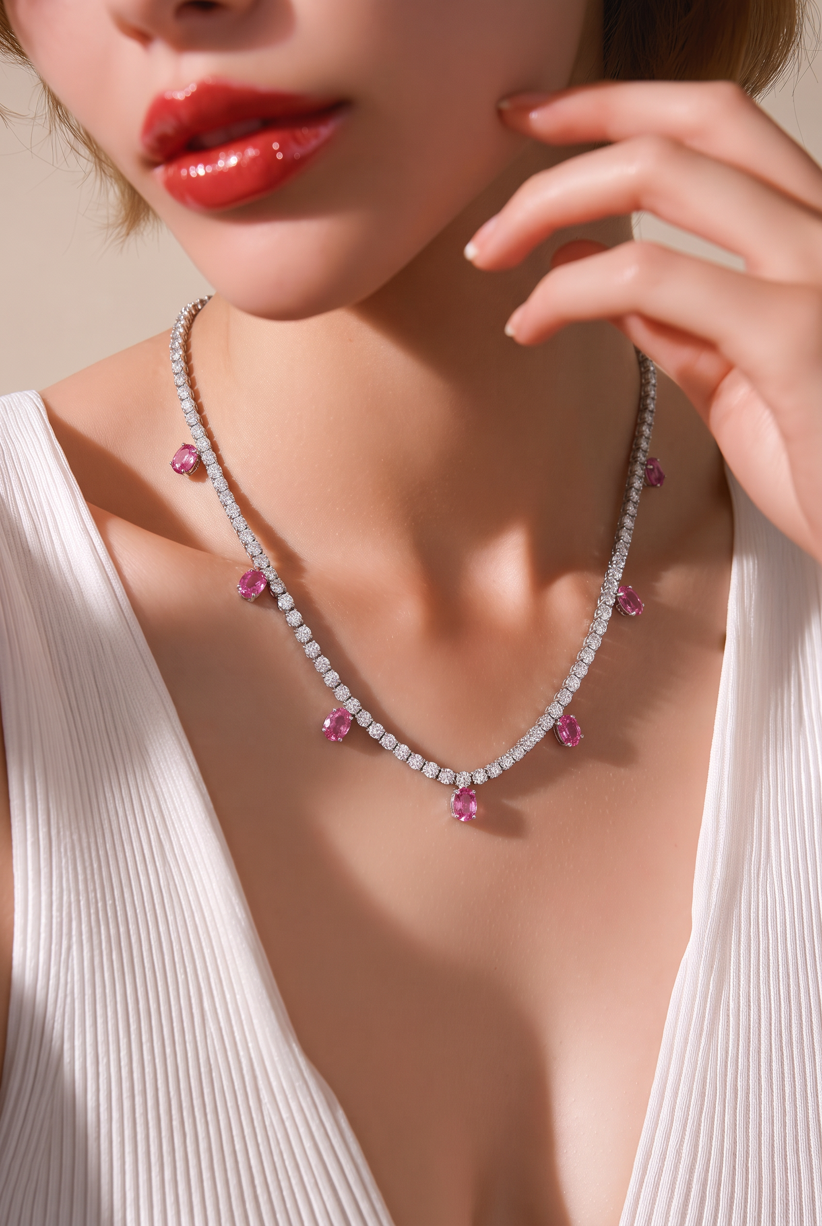 18kt White Gold Diamond And Oink Tourmaline Tennis Necklace