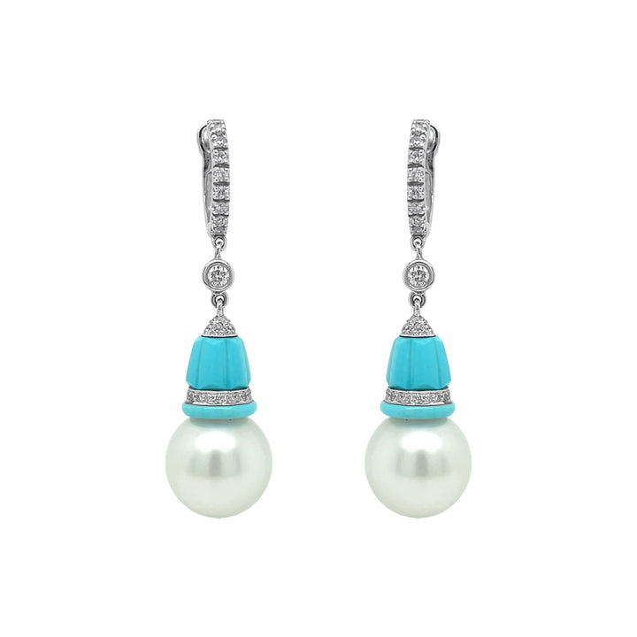 18kt White Gold Turquoise, Pearl and Diamond Earrings